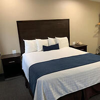 Hotel bedroom with a large bed featuring white linens and a navy blue throw, simple decor, and nightstands.